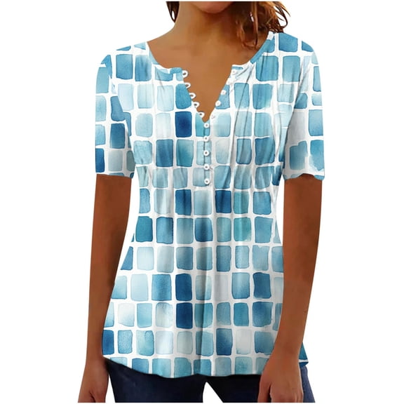 Kezqiaxn Dressy Tops for Women Ruched Short Sleeve V-Neck Button Down Shirts Business Work Blouses Plus Size Fashion