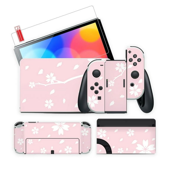 Switch OLED Full Body Skin Sticker, Decal Sticker Wrap Cover for NS OLED Console & Dock & Joycon Controller, with Tempered Glass Screen Protector Pink
