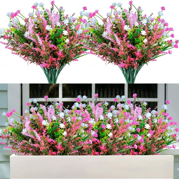 10 Bundles Artificial Plants Outdoor Fake Flowers, UV Resistant Faux Plastic Lavender Flower Bushes, Boxwood Artificial Greenery Shrubs for Outside Indoor Garden Patio Window Yard Décor
