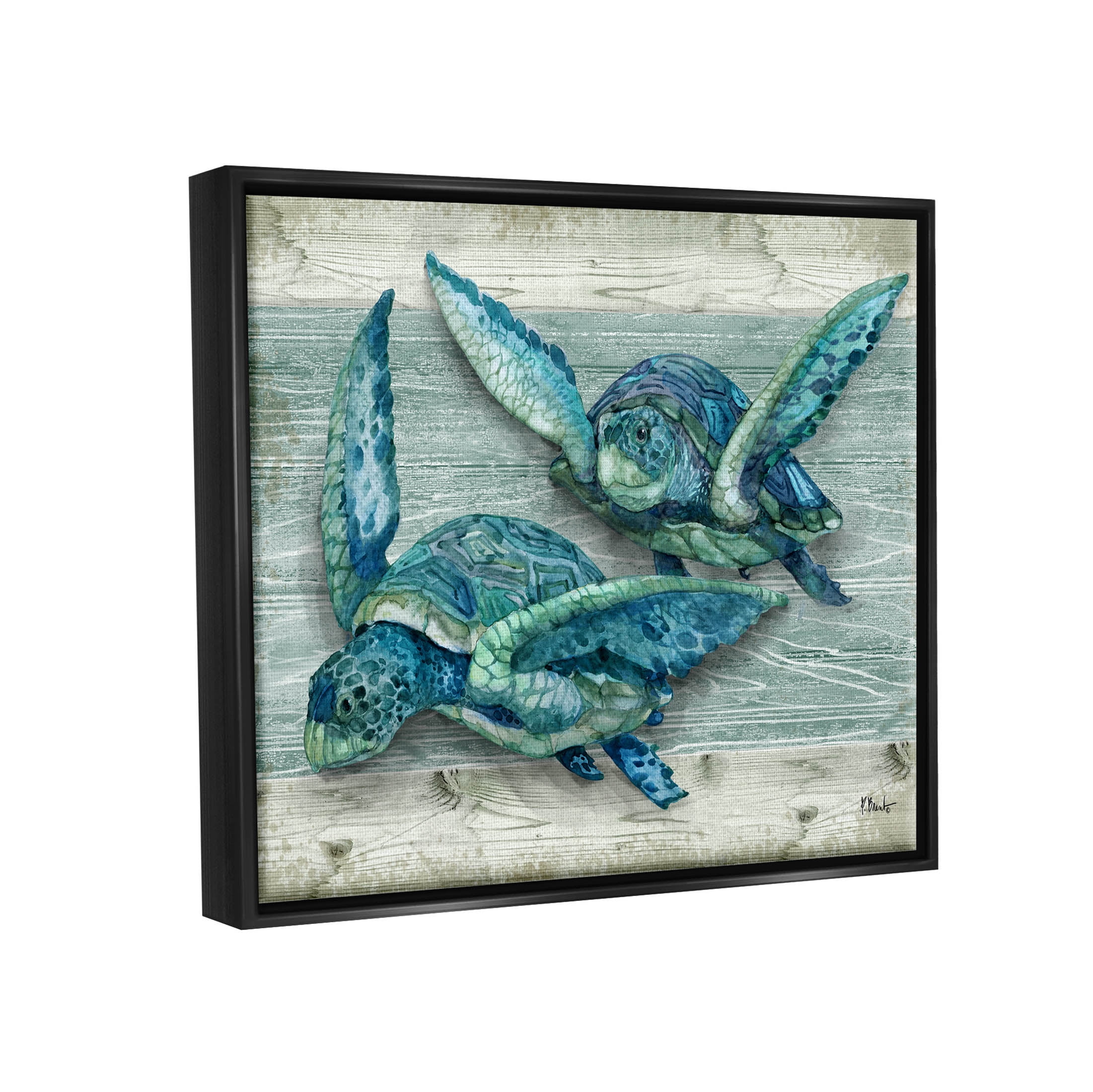 Stupell Industries Northpoint Sea Turtles Sealife Graphic Art Jet Black Floating Framed Canvas Print Wall Art, Design by Paul Brent