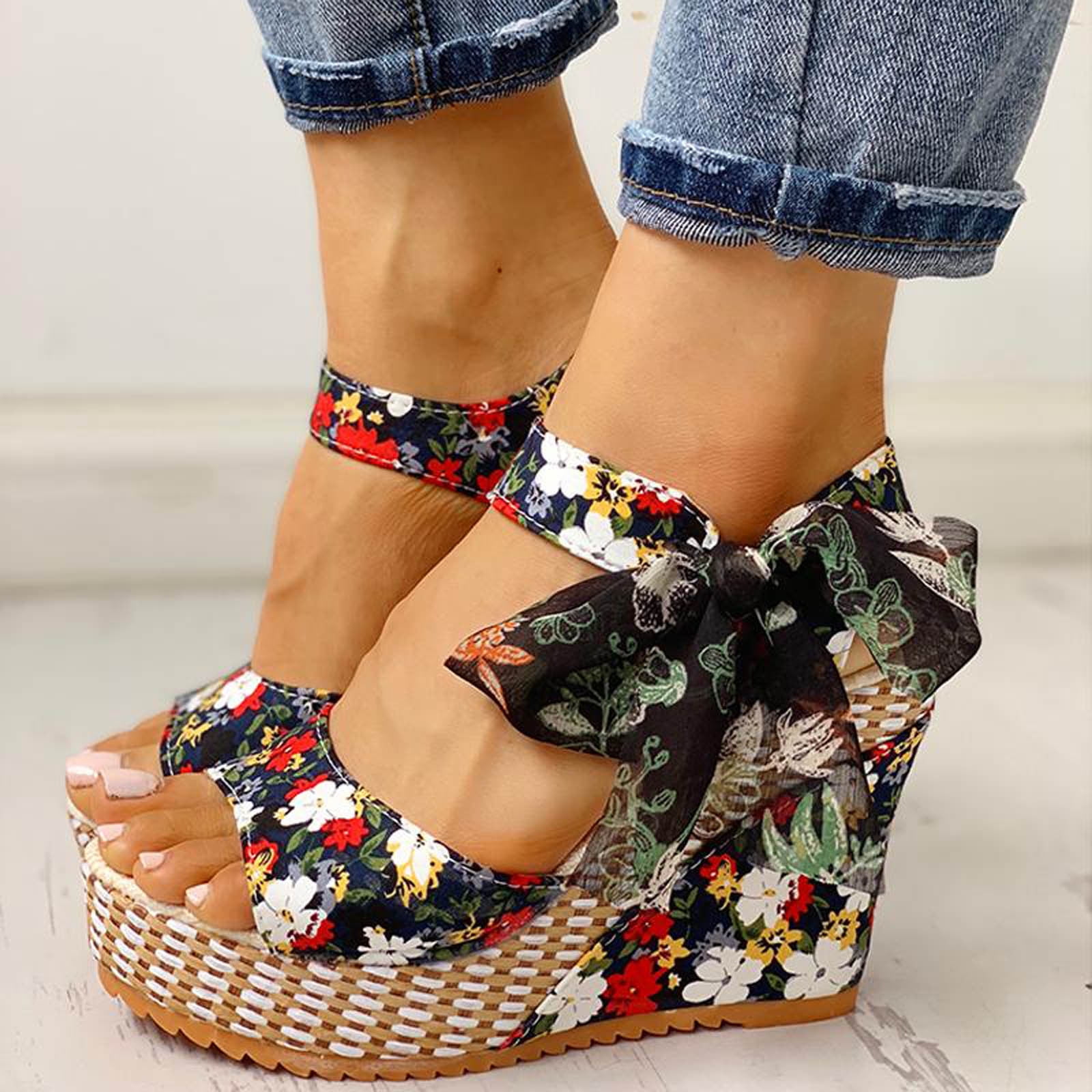 Summer Casual Beach Shoes Womens Sandals Boho Wedge Heel Peep Toe Ankle Strappy 