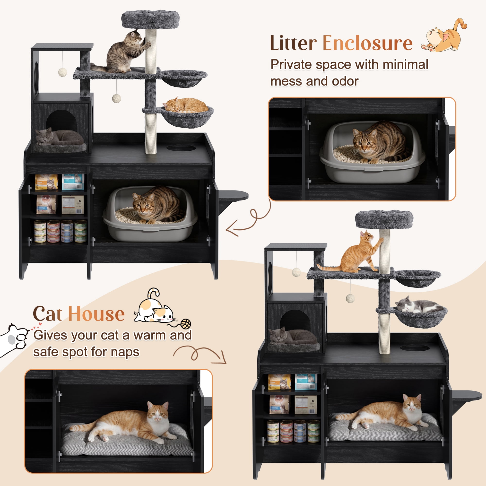 Euroco Cat Tree with Litter Box Enclosure, 59" Tall Modern Cat Tower with Sisal Scratching Post,Hammock,House,Perch & Storage Space,All-in-One Cat Condo,Hidden Cat Furniture,Black