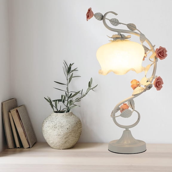 Miumaeov Flower Table Lamp 20-in Tall Stained Glass Desk Lamp with 8 inches Wide Glass Lampshade Gooseneck Night Light for Bedroom Home Office