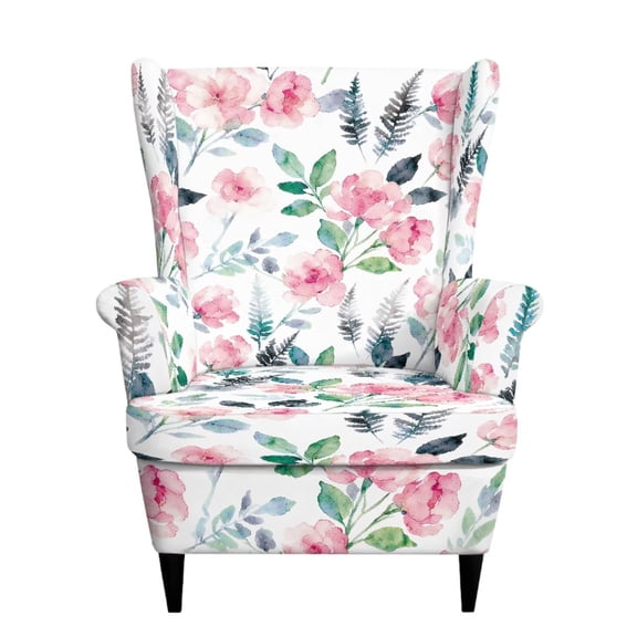 SEANATIVE Wingback Chair Slipcover Machine Washable 2 Piece Wingback Sofa Cover Armchair Slipcovers Wear-resistant Furniture Protector for Home Living Room Decor, Watercolor Floral Pink White
