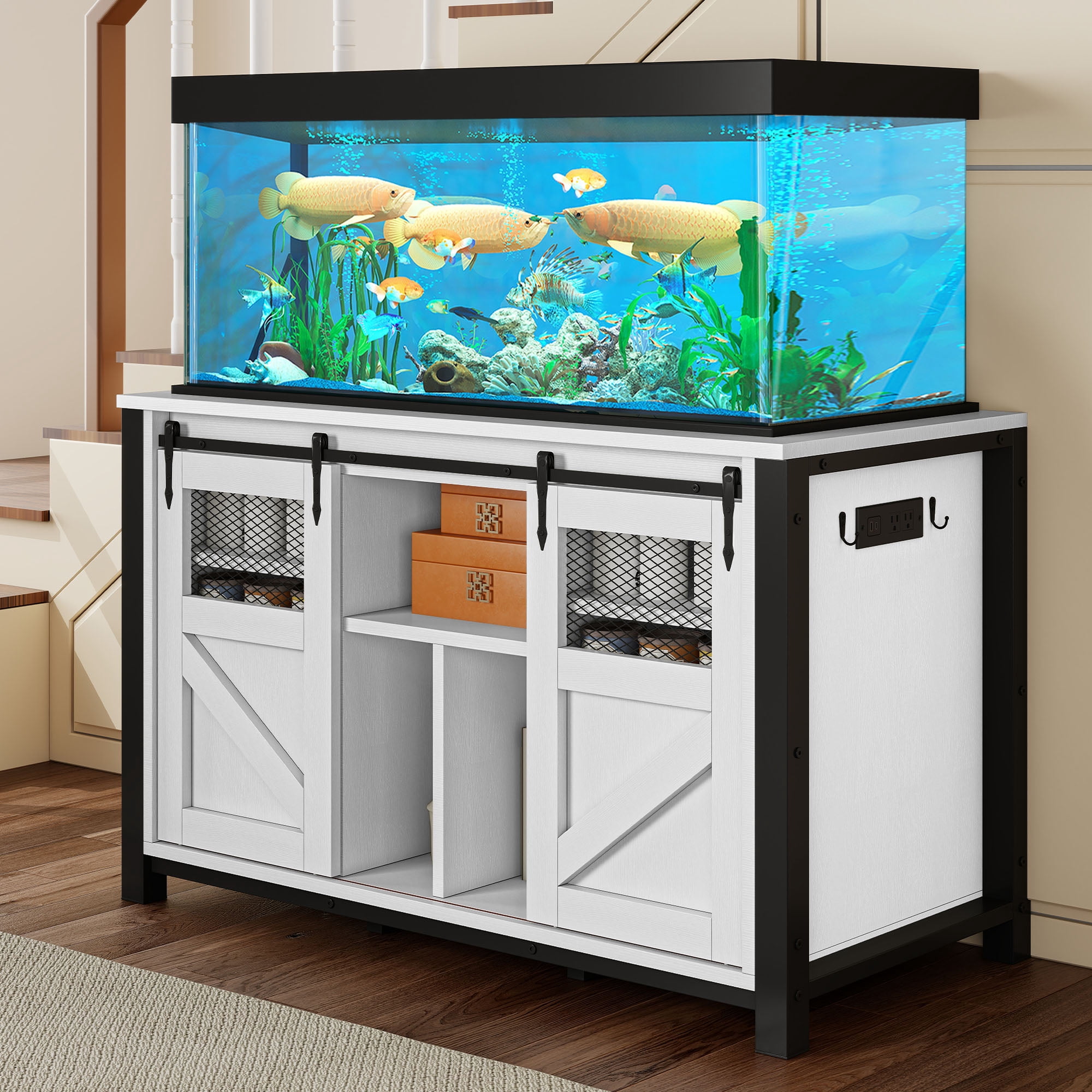 Uforic 120 Gal Fish Tank Stand with Storage, 1100 Lbs Capacity, Power Outlets, Barn Door, White