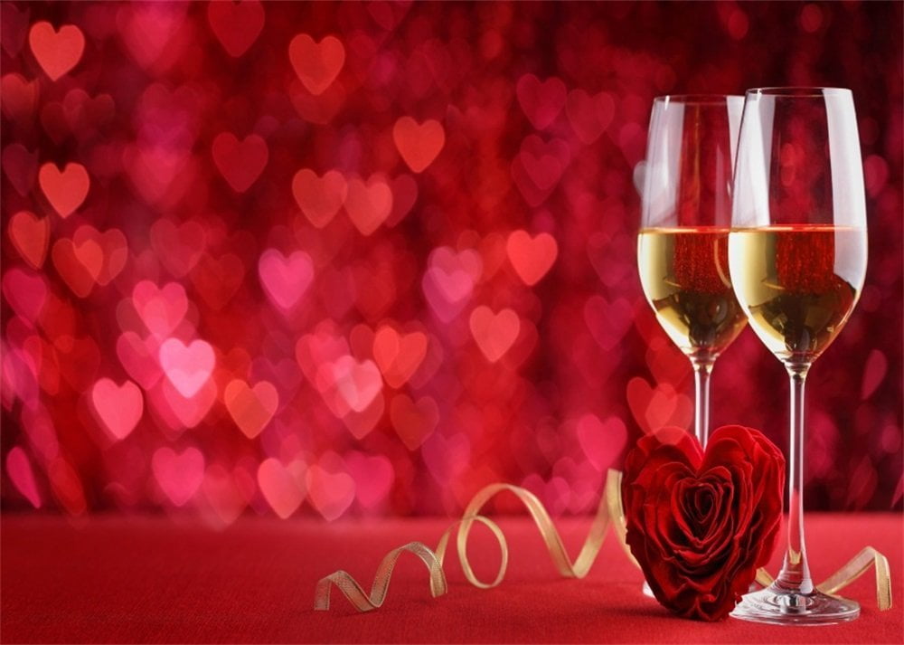 BINQOO 7x5ft Happy Valentines Day Champagne Bottles Backdrops Red Rose Valentine Eve Celebration Background for Photography Banner