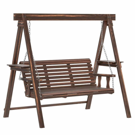 Spaco 3-Seat Wooden Porch Swing Stand, Patio Swing with Side Tables, Swing Set for Outdoor, Brown