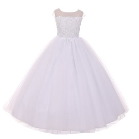 - Rain Kids Girls White Sheer Organza Satin Sequin Pearl Communion Dress