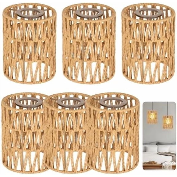 6 PCS Rattan Lamp Shade,Small Wicker Pendant Light Shade - Cylinder Woven Wicker Lampshades Replacement,Paper Rope & Metal Frame,Bohemian Ceiling Hanging Light Shades for Wall Light