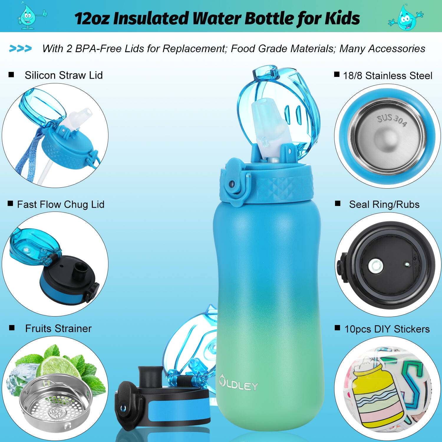 mininoo Kids Water Bottle with Straw, Insulated 12 oz Water Bottle for Kids  with Straw Lid and Chug Lid for Toddlers, Girls, Boys (Punch/Green)