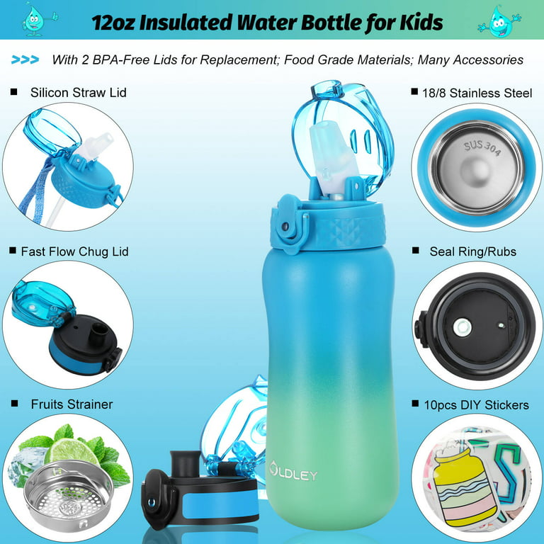 Oldley 12 oz Water Bottle for Kids BPA Free Reusable With Straw/Chug 2 Lids  Leak-Proof Gift for Toddler Boys Girls 