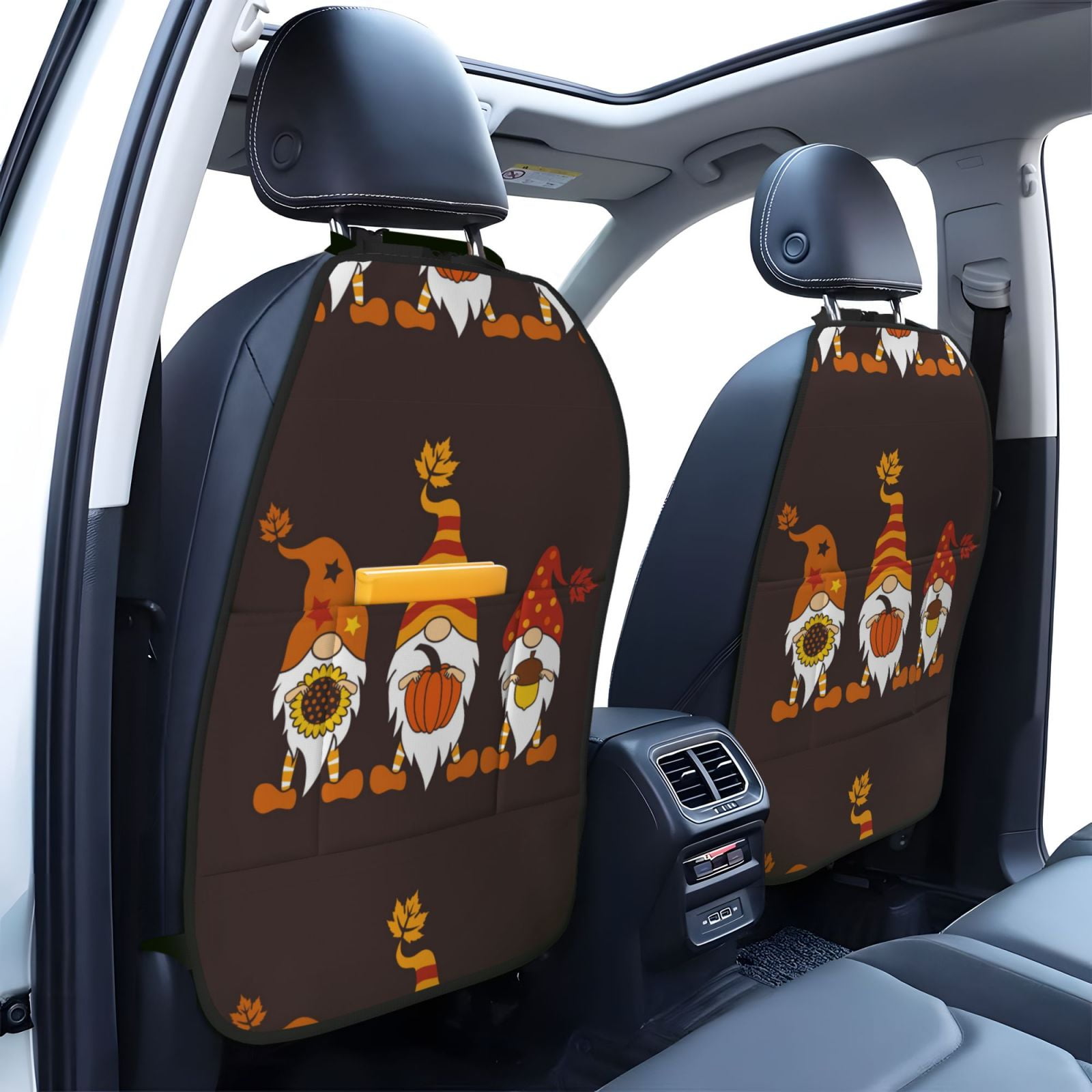 Xecao Fall Gnomes Pattern Car Seat Back Protector 2 Pack Large Capacity Pocket, Kick Mats Back Seat Protector