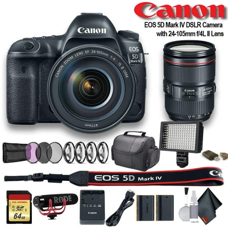 Canon EOS 5D Mark IV DSLR Camera with 24-105mm f/4L II Lens (Intl Model) W/ Bag, Extra Battery, LED Light, Mic, Filters and More - Advanced Bundle