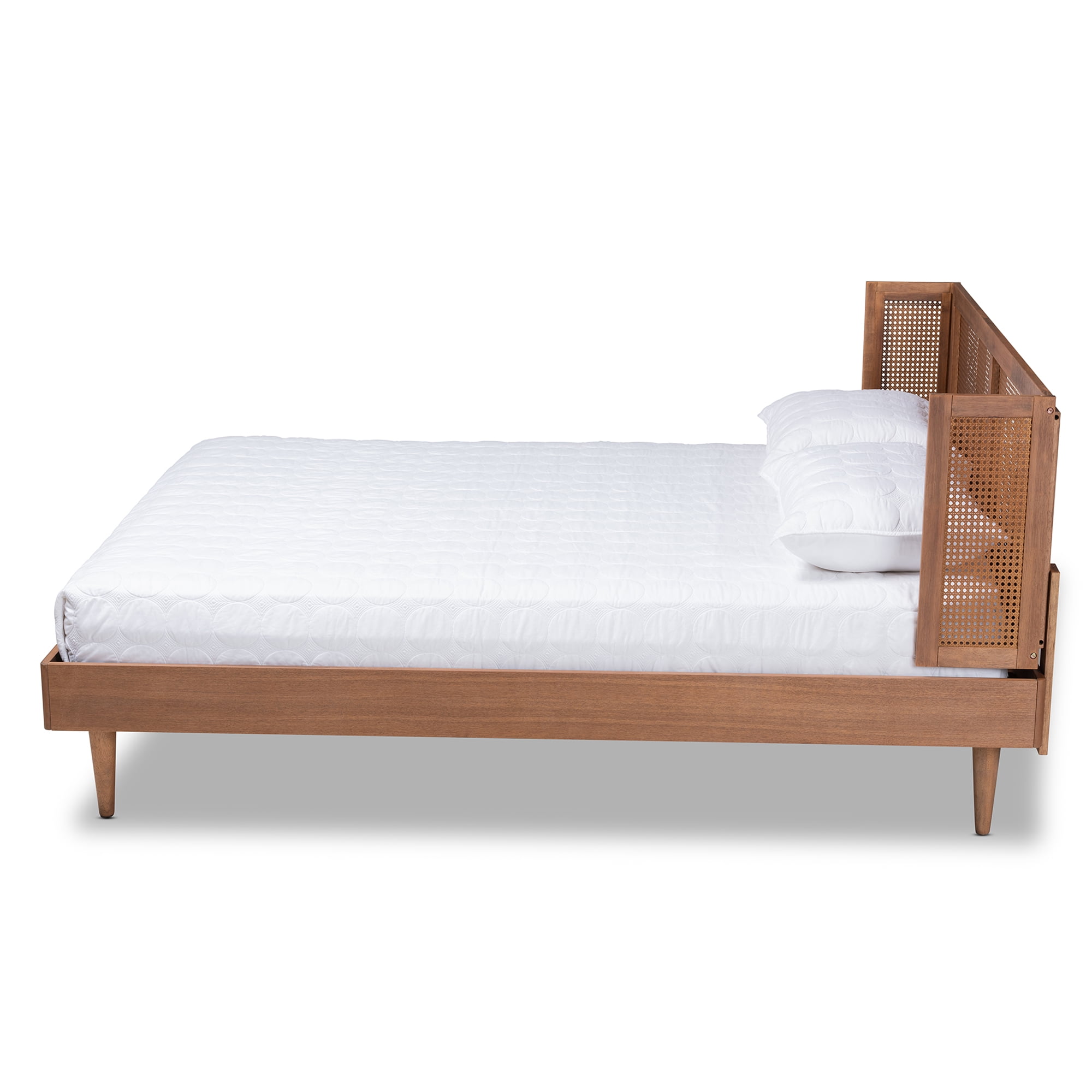 Baxton Studio Rina MidCentury Modern Ash Wanut Finished Wood and Synthetic Rattan Queen Size Platform Bed with WrapAround Headboard