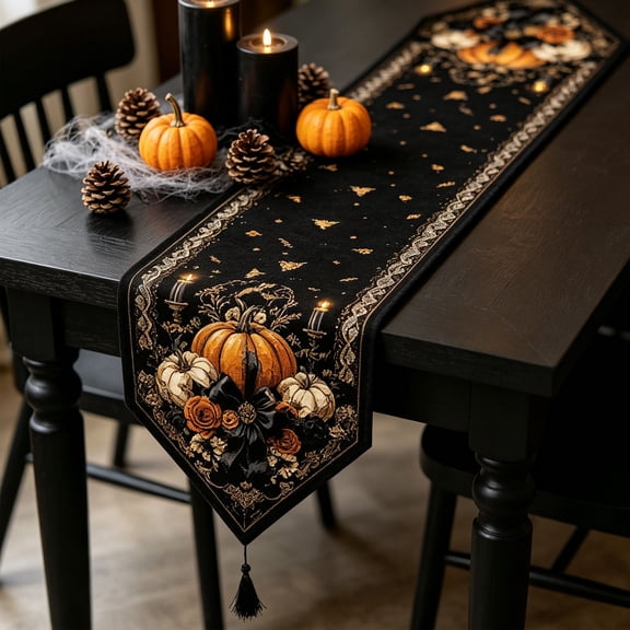 Cififendec Halloween Long Table Runner Mat, 70.86"×14.96", Vintage Pumpkin Floral Printed Tasseled Table Scarf for Gothic Dining Table Adorning