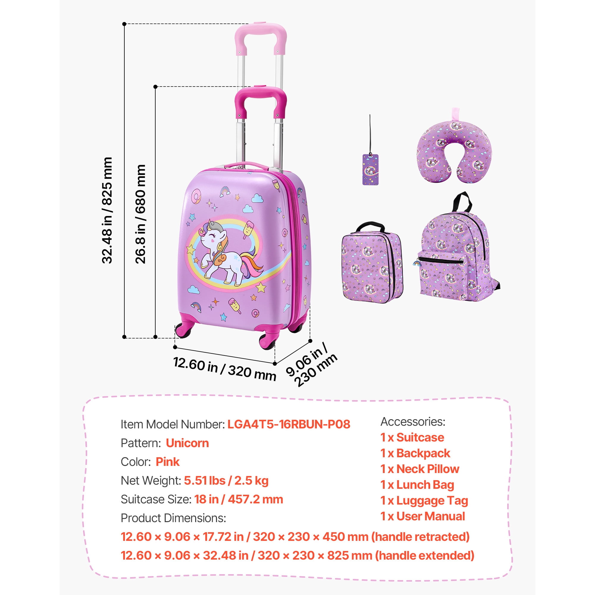KFFKFF Kids Luggage Set, 5-Piece, 18-Inch Hard Shell Rolling Suitcase with Backpack & U-Shape Pillow, Unicorn-Themed Travel Set for Children, Perfect for Holidays and Birthdays, Airline Friendly