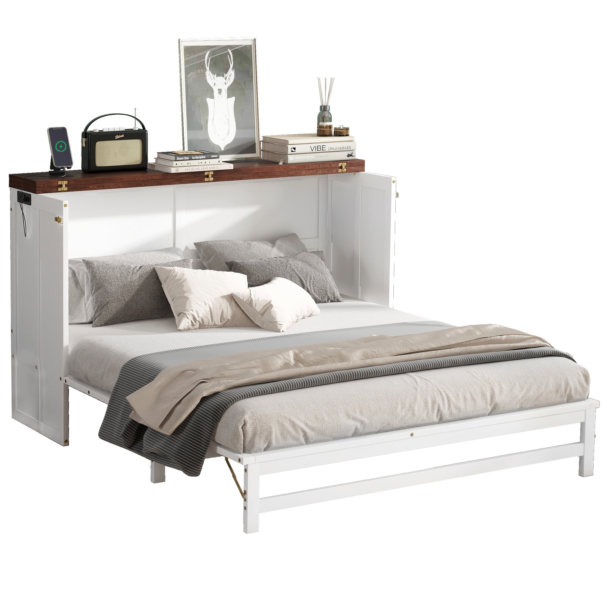 Leumius Queen Size Murphy Bed with Storage Drawer and Charging Station, USB Port, Solid Pine Murphy Bedframe for Home Office Studio or Guest Room White