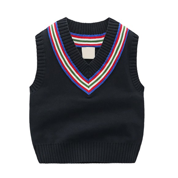 Aocisk Gilet Classique en Tricot pour Garçons Style Préscolaire Académique Confortable Automne Hiver Cardigan pour Enfants Noir 7-8 Ans