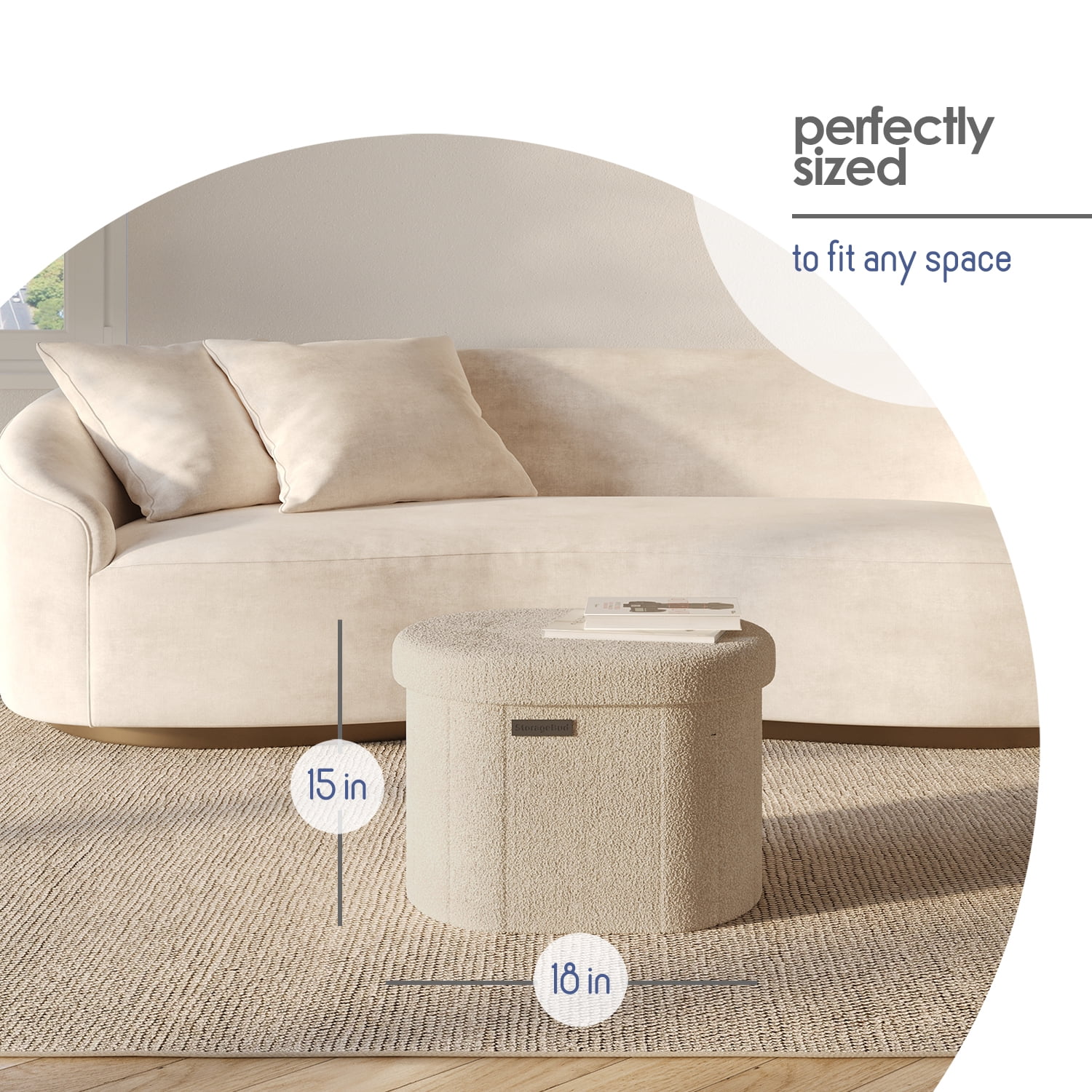 Hearth & Harbor Oval Storage Ottoman Bench, Boucle 18" Ottoman with Storage , Beige
