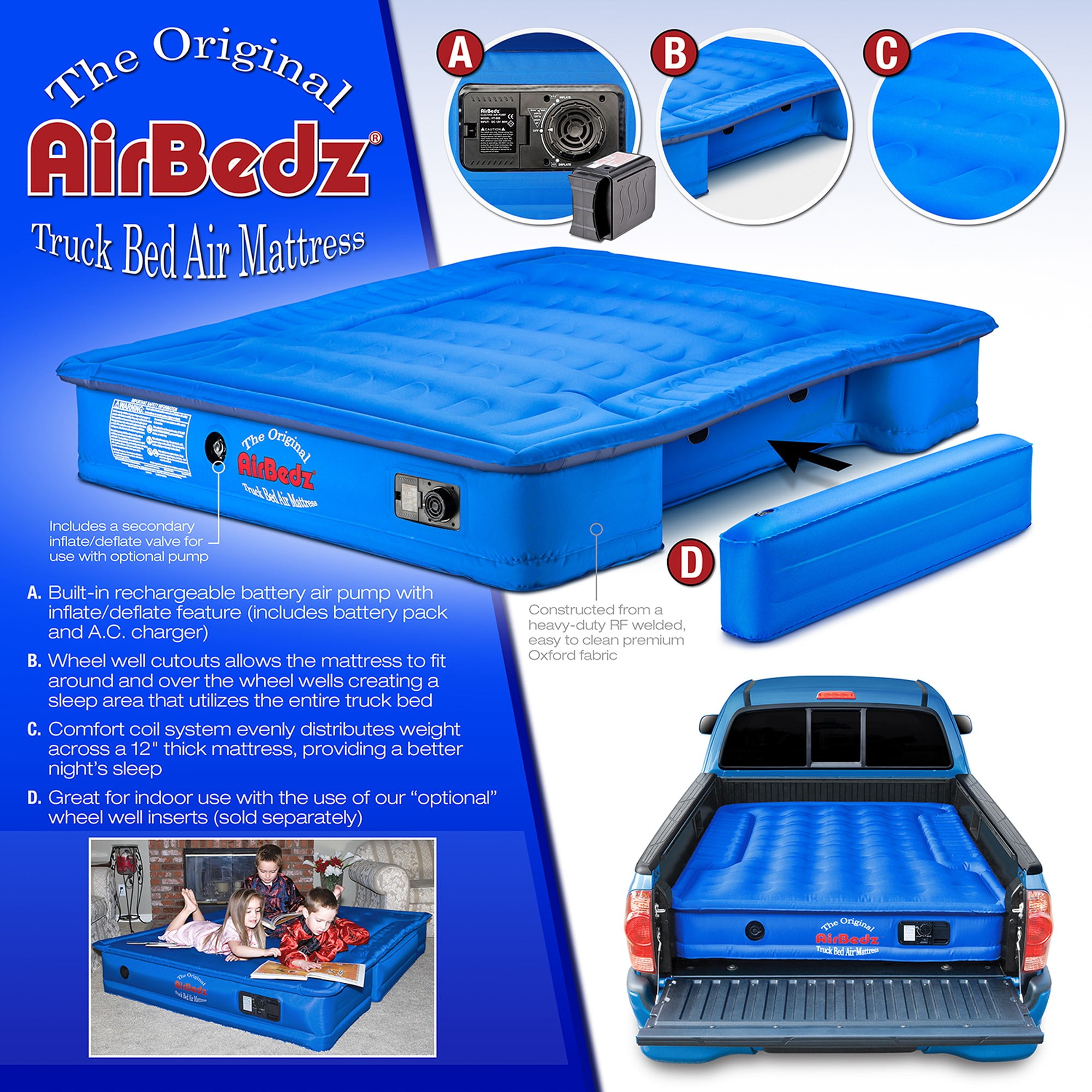 Airbedz by Pittman Outdoors - Truck Bed Air Mattress Full Size 8.0' Ft Bed With Built-In Rechargeable Battery Air Pump Blue
