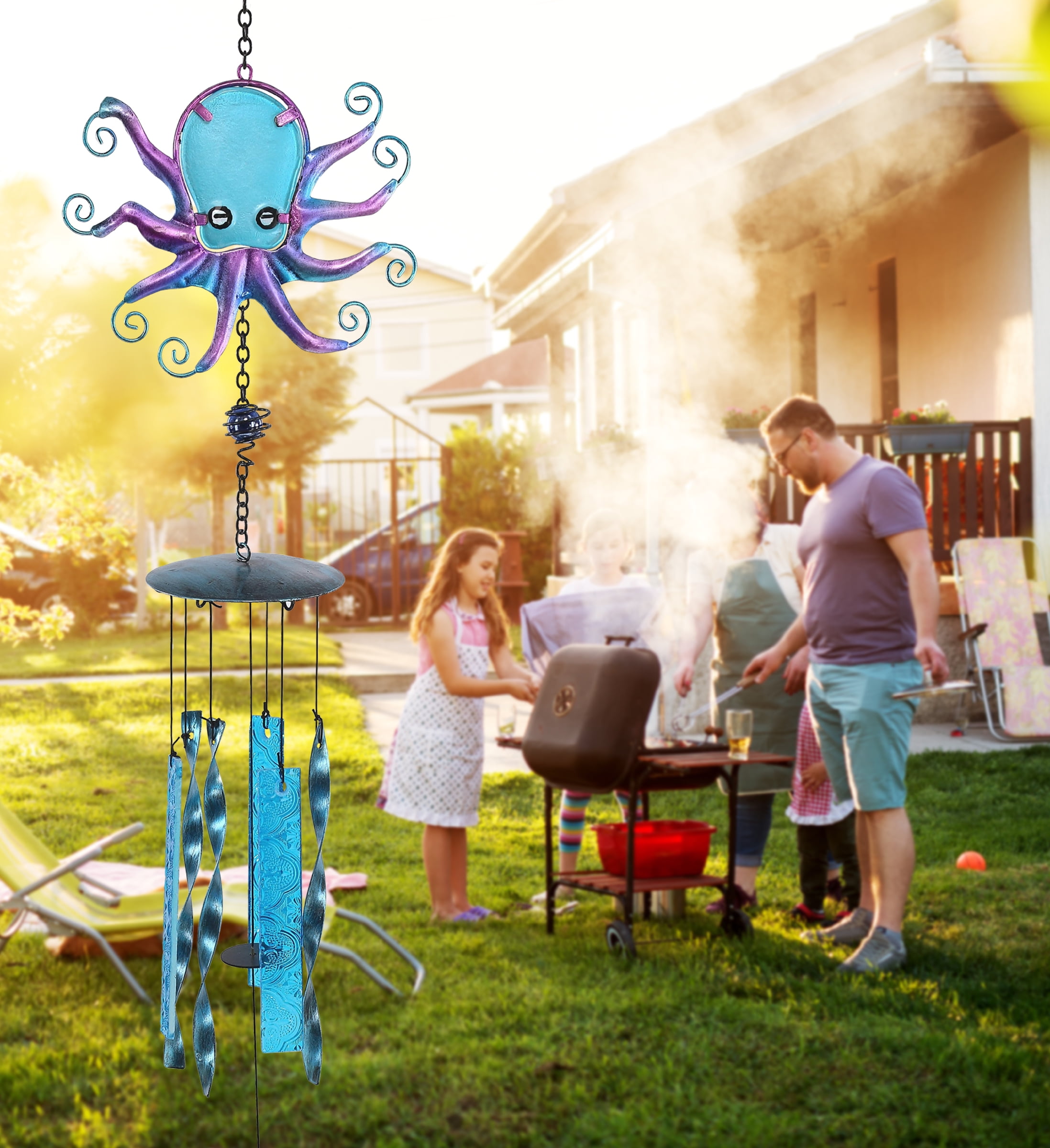 CoTa Global Octopus Wind Chime - Handmade Glass and Metal Chime - Ocean Life Hanging Decor - Colorful Home Decor Gift, Indoor and Outdoor Hanging Decoration for Porch, Patio and Garden – 27.5 Inches