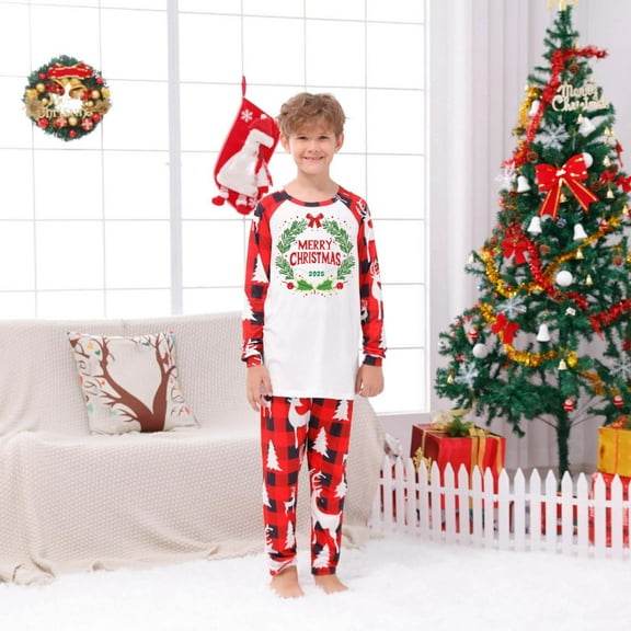 Christmas Matching Family Pajamas Plaid Xmas Pjs Sleepwear Set Holiday Crewneck Long Sleeve Tops and Bottoms Trendy Cozy Sleepwear 2 Piece Loungewear for Women Men