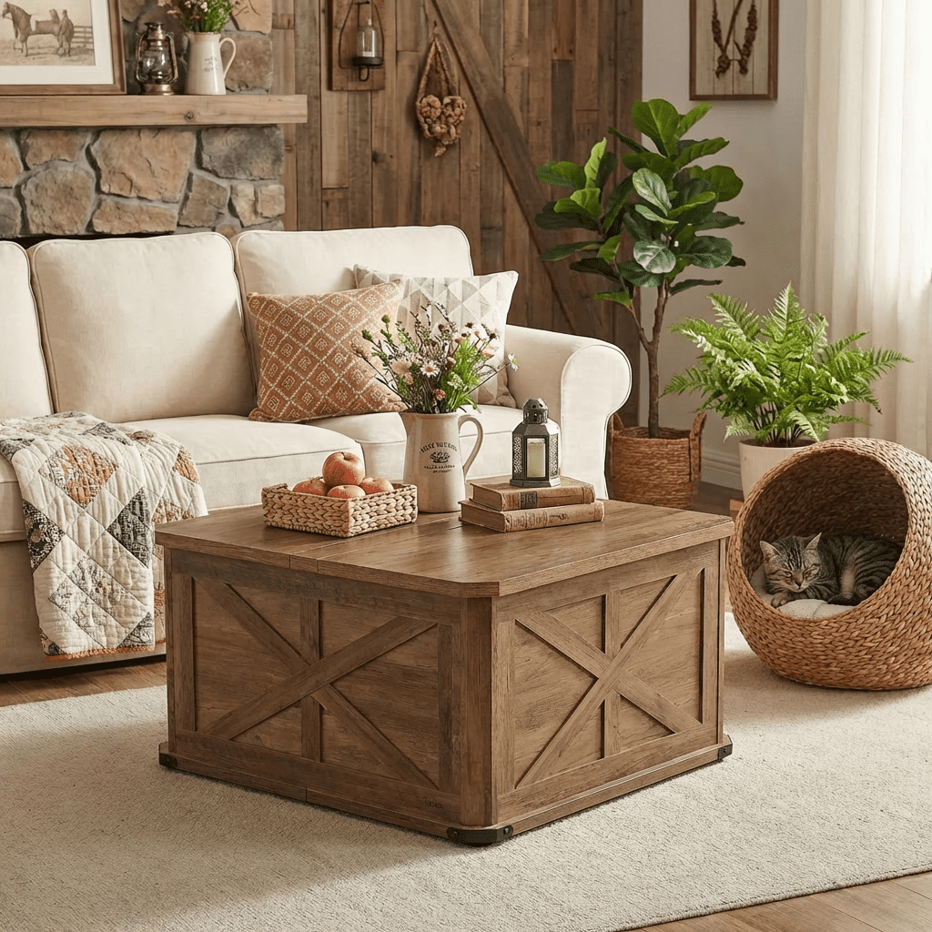 LEDREM 31.5" Farmhouse Coffee Table with Flip-Top Storage, Rustic Square Center Table for Living Room, Honey Brown