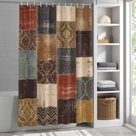 Vintage Plaid Patchwork Shower Curtain for Bathroom, Colorful Distressed Floral Checkered Fabric Shower Curtain Set with Hooks, Waterproof Washable Bath Curtain for Bathroom Decor 72"x84"
