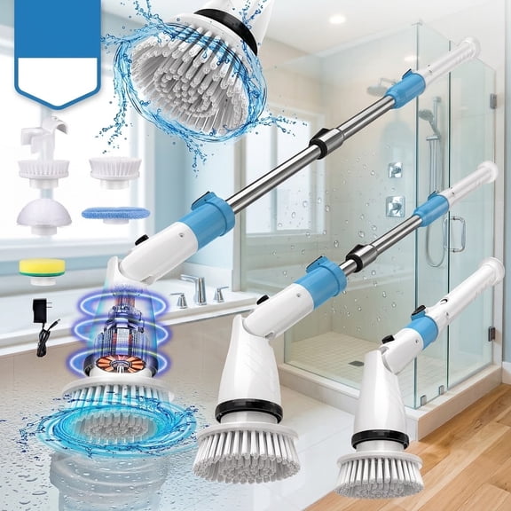 POWEART Electric Spin Scrubber, Cordless Power Scrubber with 450 RPM, 5 Replaceable Brush Heads, Adjustable Telescopic Handle, Waterproof Shower Cleaning Brush for Bathtub Tile Floor Kitchen