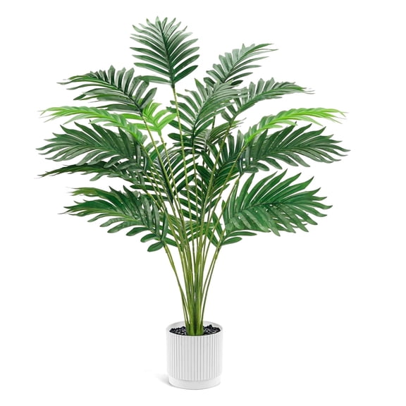 Miracliy 1 Pcs Artificial Areca Palm Plant, White Pot with Black Pebbles for Indoor Floor Decor