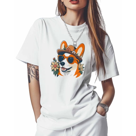 Women's T-Shirts, Dog in Sunglasses Flower Hat Animal Cotton Crewneck Tee Short Sleeve Casual Tops Loose Graphic T-Shirt White, 2XL