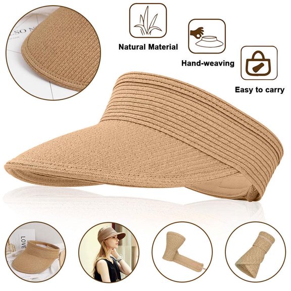 OUSITAID Sun Visor Hats, Wide Brim Beach Hat Roll-up Golf Straw Sun Hat Packable Foldable Summer Beach Hat for Women (Khaki)