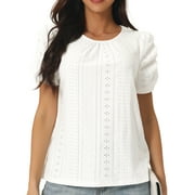 Unique Bargains Women's Ruched Short Sleeve Eyelet Dressy Crewneck Blouses T Shirts S White