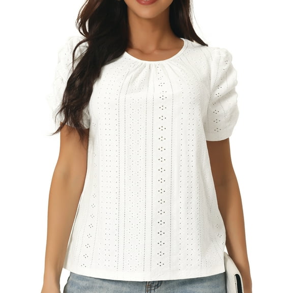 Unique Bargains Women's Ruched Short Sleeve Eyelet Dressy Crewneck Blouses T Shirts S White