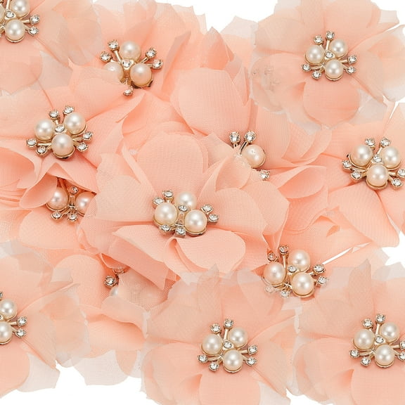 Uxcell 2.36 Inch Rhinestone Chiffon Flower, 15 Pcs Fabric Appliques, Peach Pink