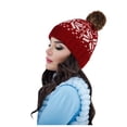 thumbnail image 2 of Women's Winter Knit Hat with Snowflake Pattern and Pom Pom, Warm Fuzzy Beanie for Cold Weather, Cozy Christmas Stocking Stuffer Gift for Women-Wine, 2 of 6