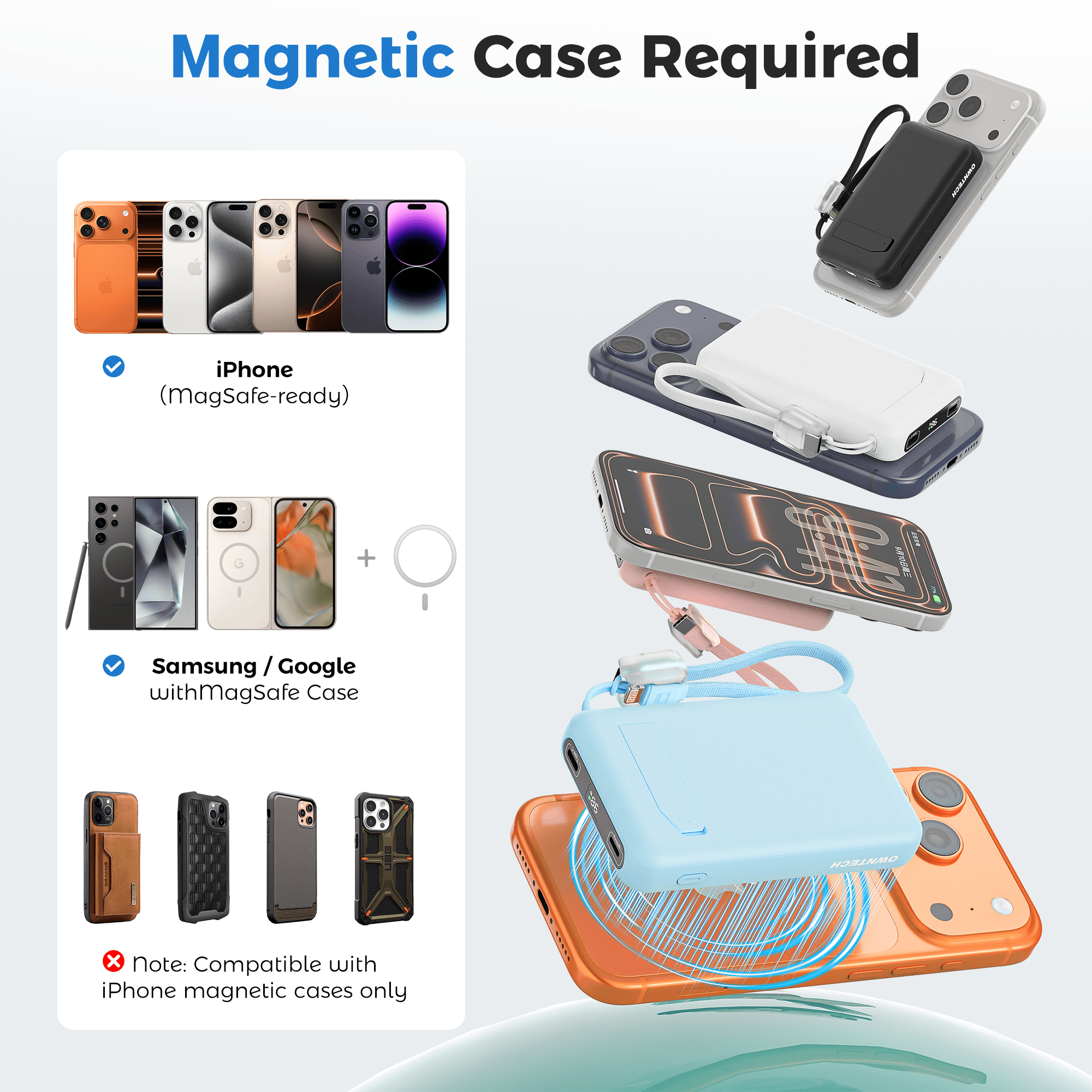 OWNTECH 10000mAh Magnetic Wireless Power Bank with Smart Display, 22.5W PD Fast Charging Portable Charger, Built-in Foldable Stand & USB-C Cable Compatible with iPhone 17/16/15/14 Series (Blue)