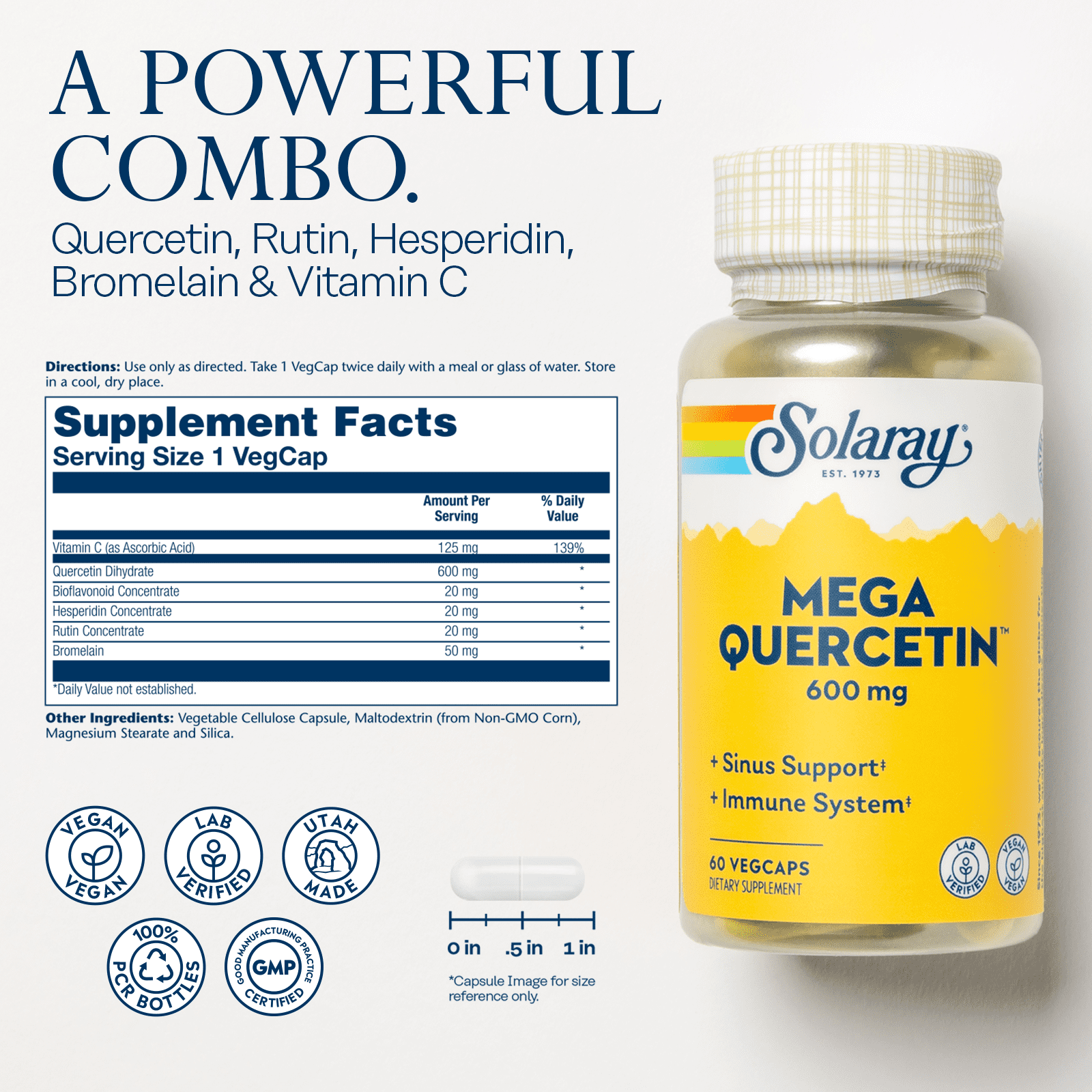 Solaray Mega Quercetin, Healthy Sinus & Immune Support & AMPK Activator, Rutin, Hesperidin & Bromelain, 60 VegCaps