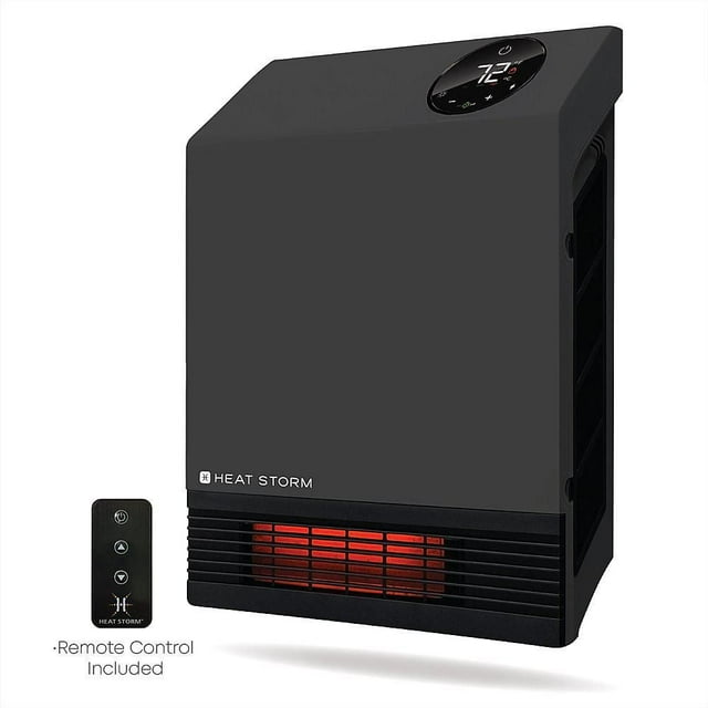 Heat Storm 1000w grey indoor infrared wall heater with digital thermostat display set to 72°F and included remote control.