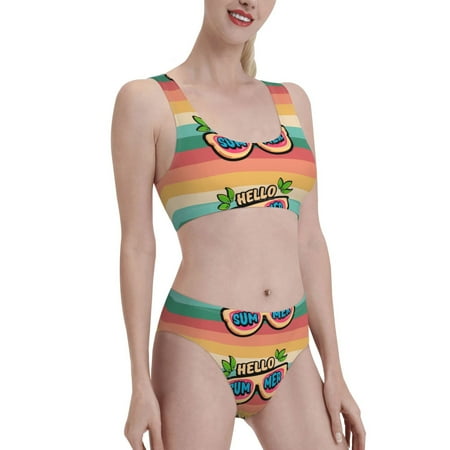 Uemuo Hello Summer Printed Women s High Waisted Bikini Sets Sporty Two Piece Swimsuits Color Block Cheeky High Cut Bathing Suits-Medium