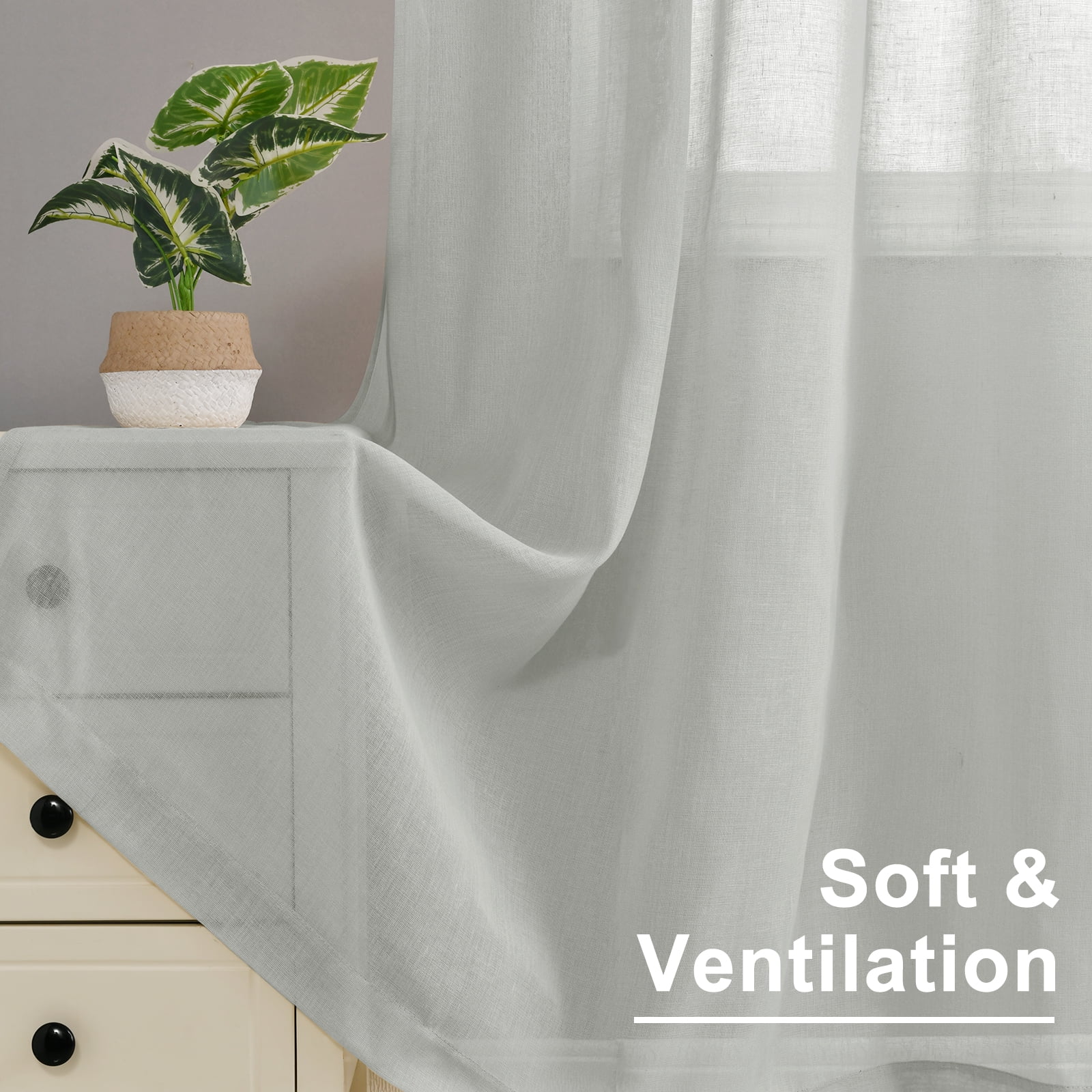 XWZO Semi Sheer Linen Curtains,Privacy Enhancing & Light Filtering Rod Pocket Drapes for Living Room with Tiebacks(Grey,W52 x L63 Inch,2 Panels)