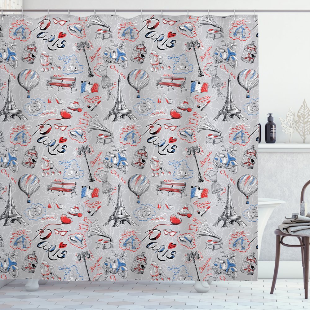 Paris Shower Curtain, France Themed Image with French Flag Dogs Eiffel