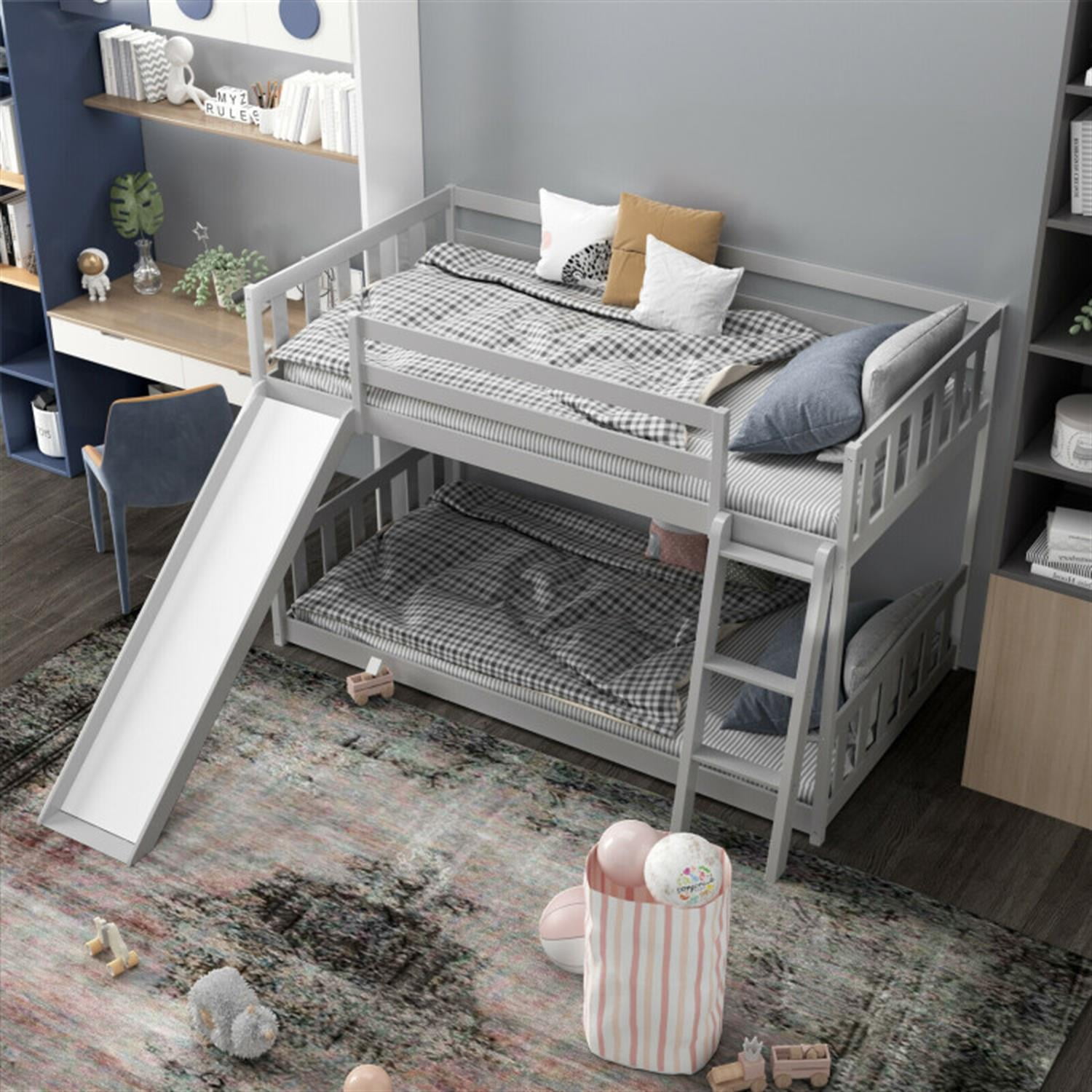 Demi Bonn Twin Over Twin Bunk Bed with High Guardrails and Slide Ladder, Twin Bunk Solid Wood Low Beds, Bed Frame, Gray