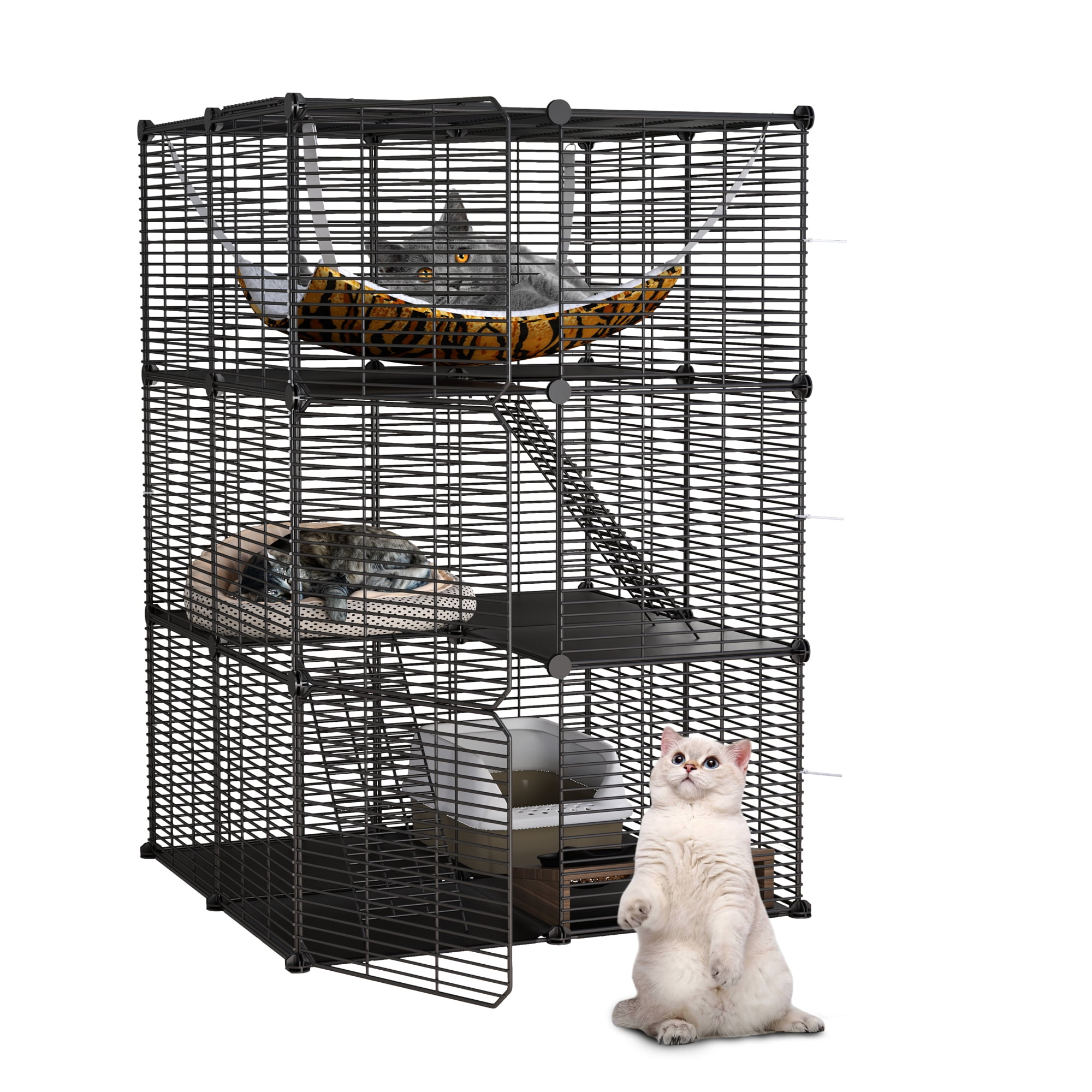 Uforic 41" Large 3-Tier Cat Cage with Extra Large Hammock - Indoor Pet Playpen for 1-2 Cats, Black