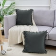 thumbnail image 3 of REGALWOVEN Pack of 2 Velvet Pillow Covers with Pompoms  Decorative Pillow Cases Fringe Cushion Covers Dark Gray 16" x 16", 3 of 6