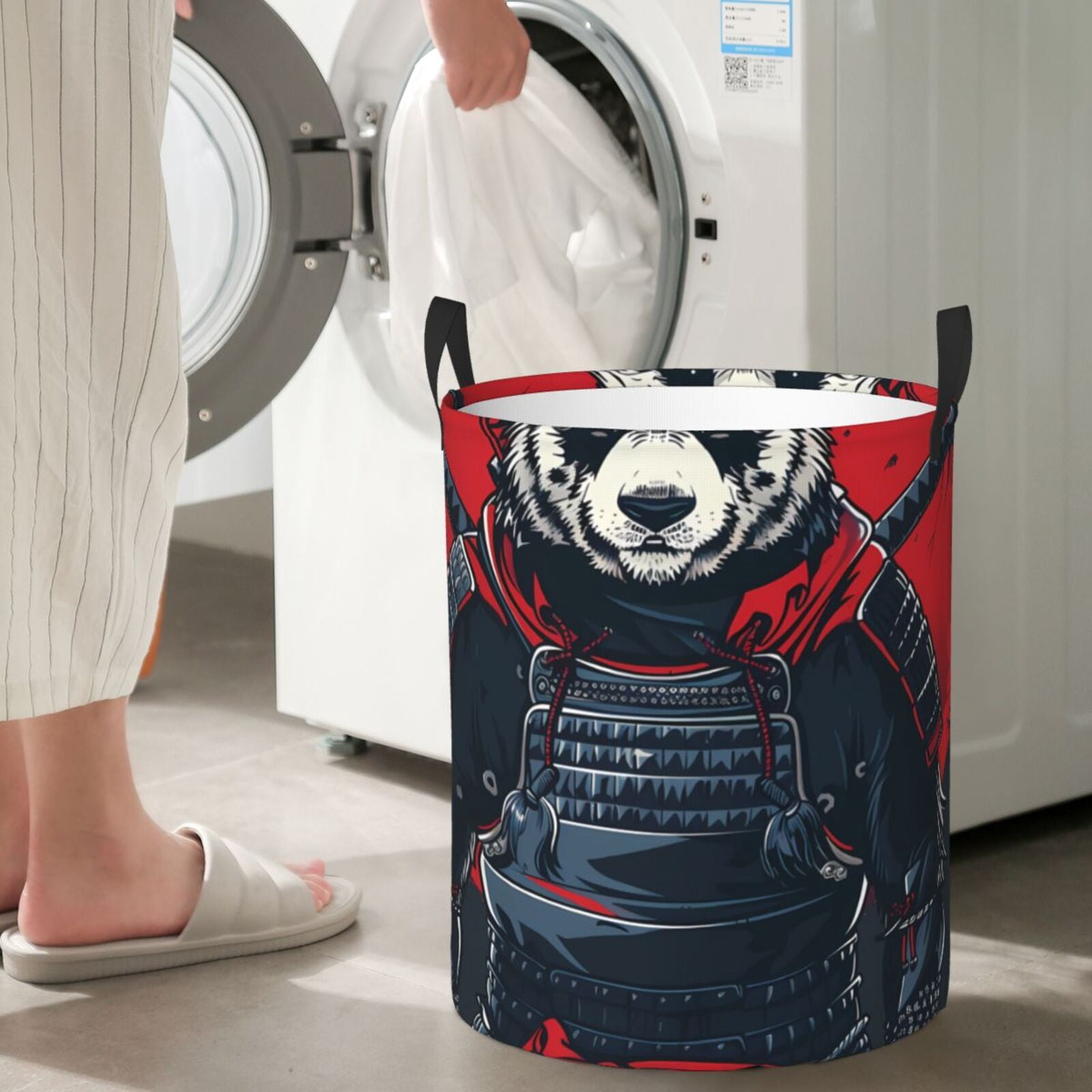 Fuzoiu Red Black Eastern Panda Warrior Print Circular Hamper,Laundry Basket with Handle,Collapsible Laundry,Dirty Clothes Storage Basket,for Bedroom Bathroom Dorm Living Room-Small