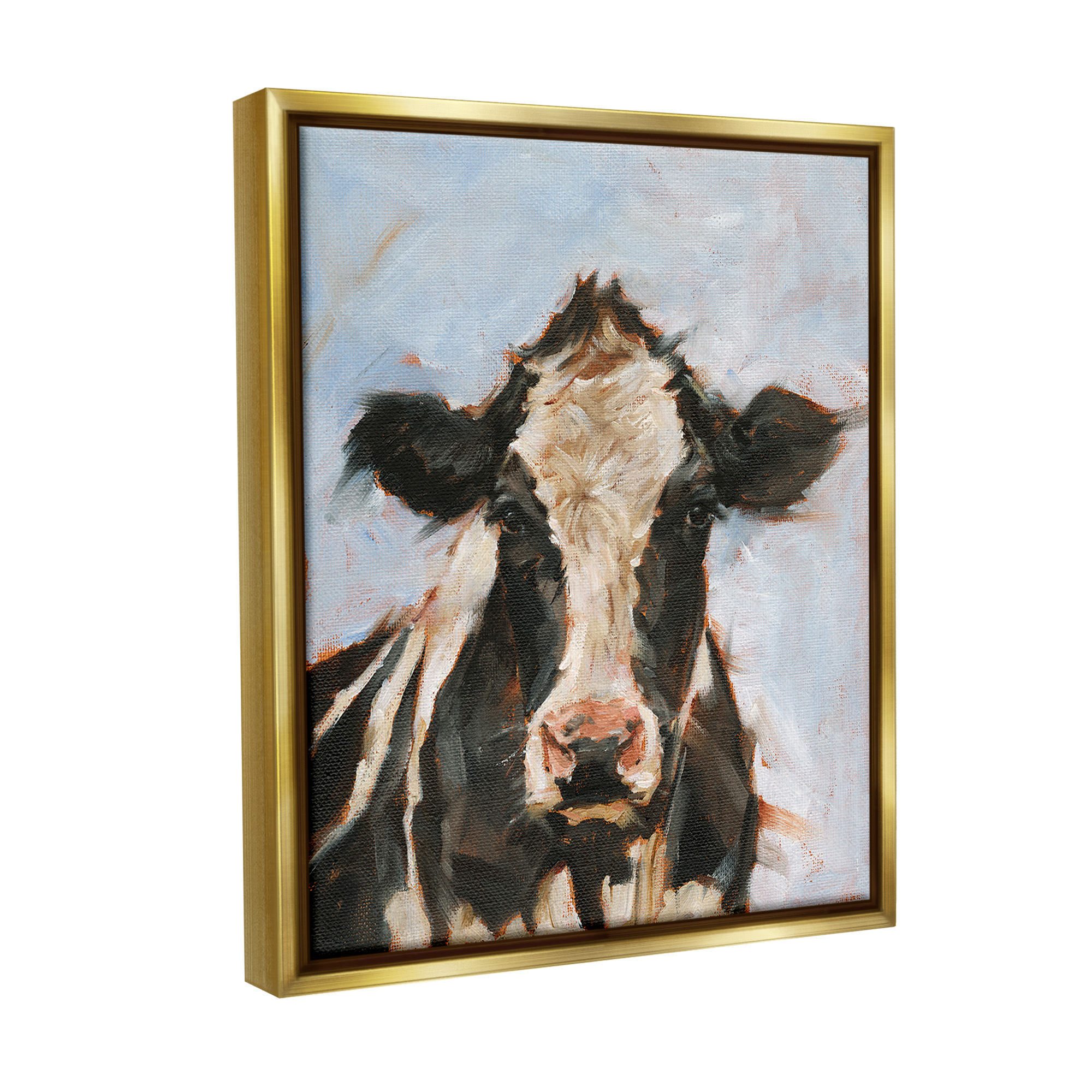 Stupell Industries Expressive Cow Portrait Animals & Insects Painting Gold Floater Framed Canvas Art Print Wall Art, 17 x 21