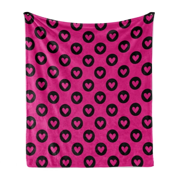 Hot Pink Soft Flannel Fleece Throw Blanket, Pink Hearts Inside Big Black Spots Pattern in Symmetric Order Girlish Love, Cozy Plush for Indoor and Outdoor Use, 50" x 60", Magenta Black, by Ambesonne