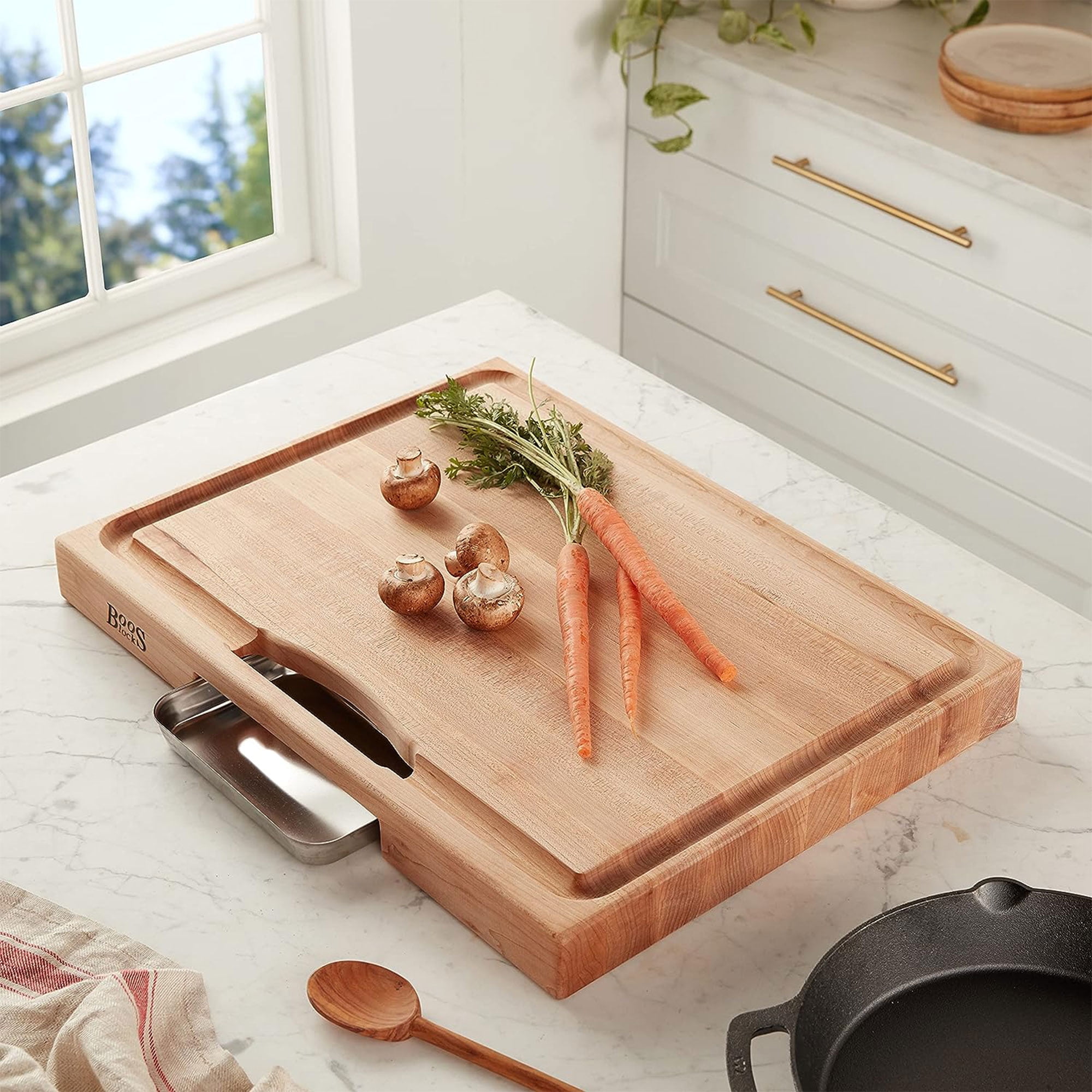 John Boos Newton Prep Master Large Maple Wood Cutting Board For Kitchen, 24  Inches X 18 Inches, 2.25 Inches Thick Grain With Groove & Stainless Pan :  Target