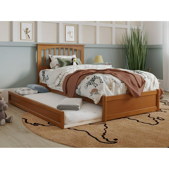 Everett Twin Platform Bed with Panel Footboard & Twin Trundle in Light Toffee